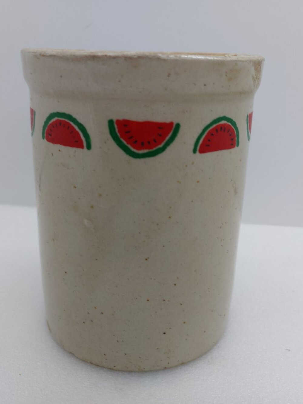 Vintage Stoneware Crock 5" Jar Watermelon Design Along Rim Farmhouse Decor